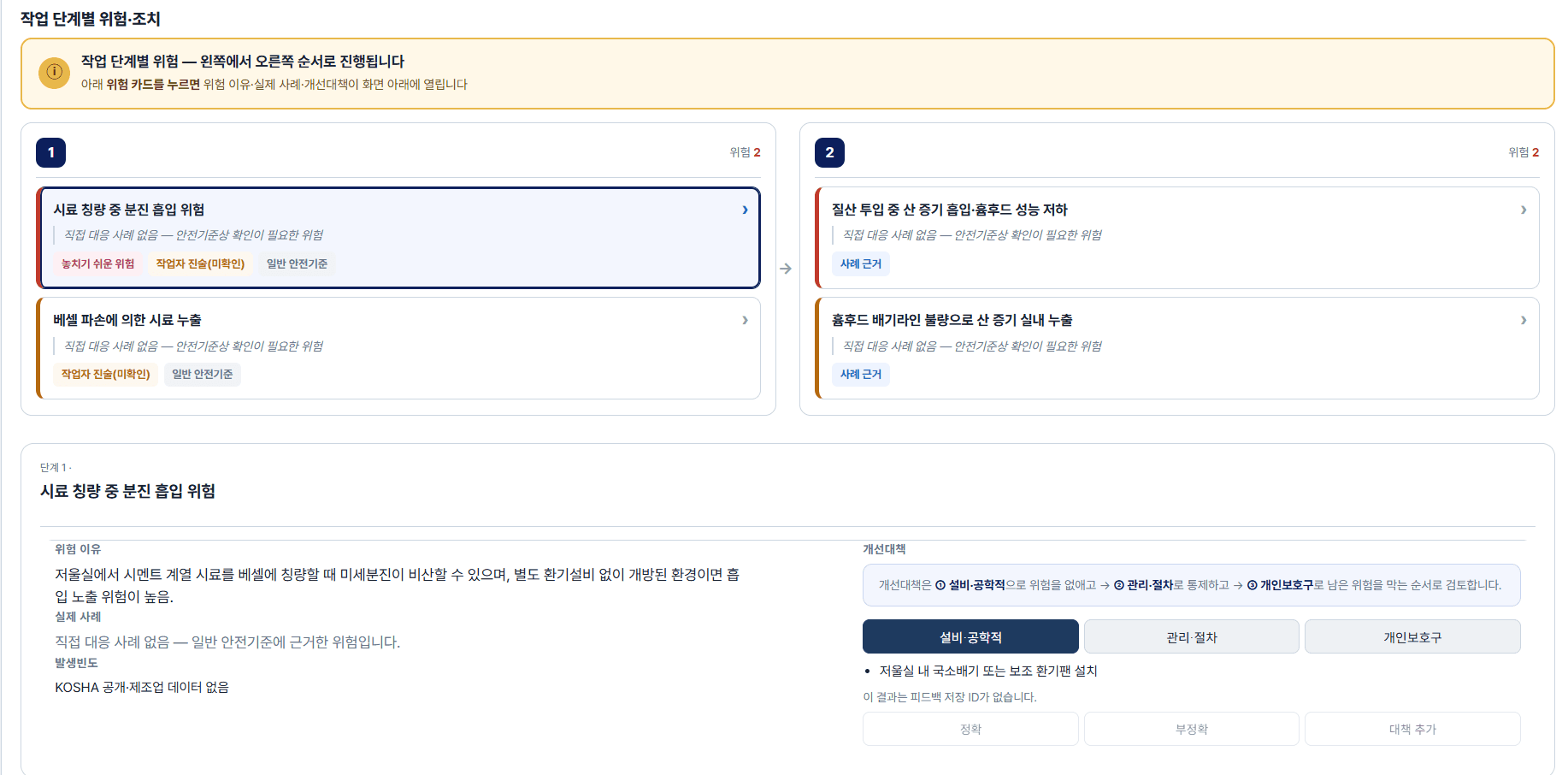 작업 단계별 위험과 개선대책 화면 — 설비·관리·보호구 순서 검토